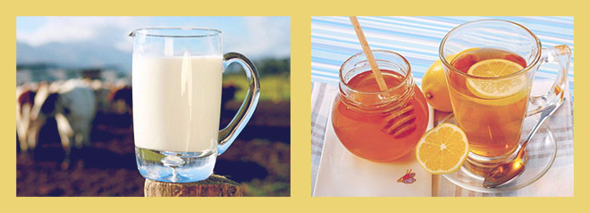 кружка молока, чай с медом и лимоном